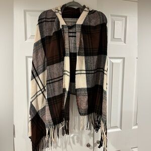 Hooded Boho Poncho with Fringe